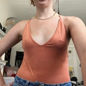 Makers of Dreams Orange Open Back Fake Suede Bodysuit